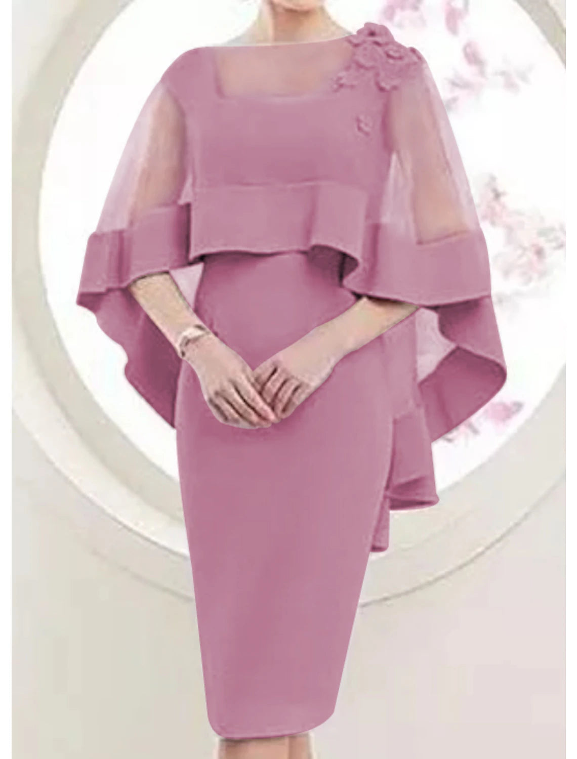 Wholesale Sheath / Column Mother of the Bride Dress Elegant Square Neck Knee Length Satin Tulle 3/4 Length Sleeve with Appliques
